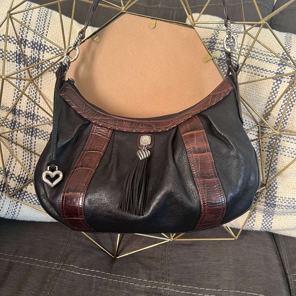Brighton Black and Brown Leather Shoulder Bag with Silver Hardware